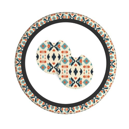 Aztec Steering Wheel Cover with 2 Car Coasters Non Slip Neoprene for Women Men Universal 15 Inch - color: Aztec