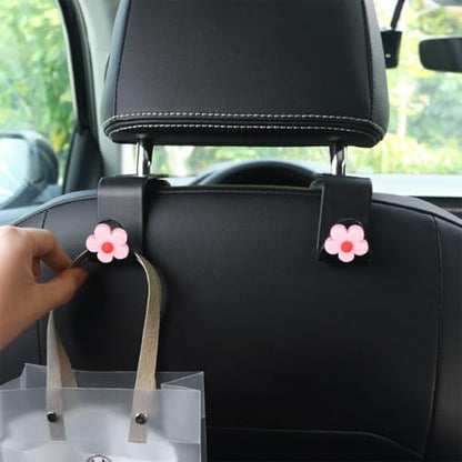 4 PCS Car Headrest Hook, Multifunctional Flower Vehicle Seat Back Storage Hook, Cute Automotive Seatback Organizer Hanger for Purse Grocery Bag Handbag, Universal Fit (Black/Pink) - color: Black/Pink