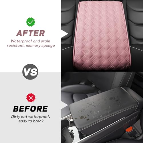 Car Armrest Cushion, 12.2"×8.3" Leather Auto Memory Foam Center Console Pad with Storage Pocket, Waterproof & Anti-Scratch Elbow Pillow Armrest Seat Box Protector, Universal Fit (Pink) - color: Pink