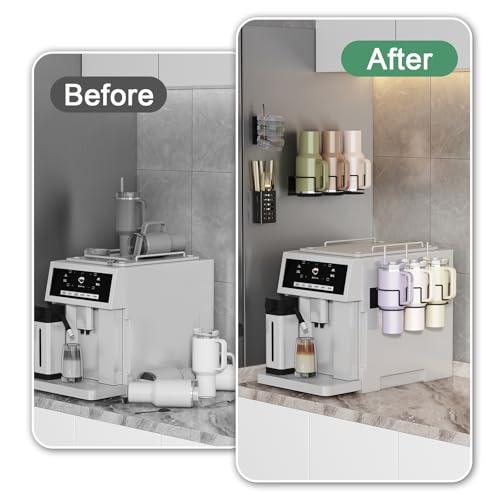 Magnetic Cup Holder for Fridge, Aufworld Tumbler Organizer Fits 20/30/40 oz Stanley Cups, Accessory Storage with Lid & Straw Holder, Space-Saving Storage Rack for Kitchen Fridge (Black-Cup Holder Set)