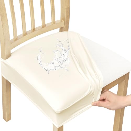 Smiry Waterproof Pu Leather Seat Covers for Dining Room Chairs Set of 2, Stretch Fit Removable Washable Kitchen Chair Seat Slipcovers Protector, No Rear Covers, Beige - color: Beige, size: Set of 2