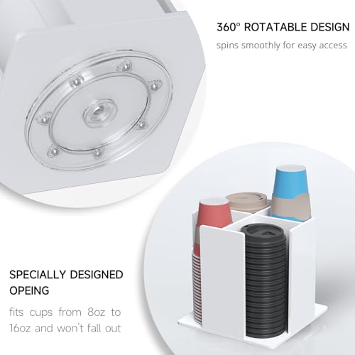 KOTEMON Cup and Lid Holder, 4 Compartment, Square | Rotating Coffee Cup Dispenser Lid Carousel for Restaurant, Buffet, Coffee Station, Bar, Countertop, White Acrylic - color: White