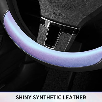 Road Comforts Steering Wheel Cover – Breathable Leather Steering Wheel Cover, Anti-Slip Grip, Universal Fit 14.5” to 15”, Heat & Cold Resistant for Cars, SUVs, and Trucks – Black & Shining Purple - color: Black&Purple