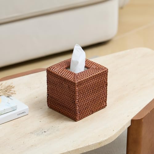2 Pack Square Rattan Tissue Box Cover, Hand Woven Wicker Tissue Holder, 5.5 x 5.5 X 5.7 inches, Brown - color: Honey Brown, size: Square (5.7"H) (Set of 2)