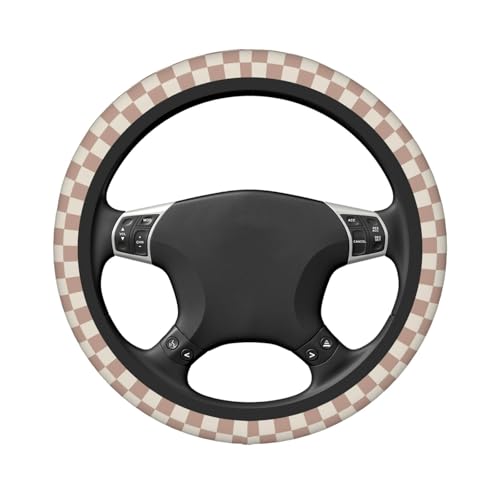 Khaki Checkered Steering Wheel Cover for Women,Universal Auto Steering Wheel 14-15 Inch Car Interior Accessories with 2PCS Car Coasters,Suitable for Men and Women - color: Khaki