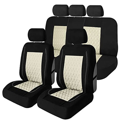 Universal Fit Diamond Stitched Flat Cloth Car Seat Covers Full Set - Beige - color: Beige