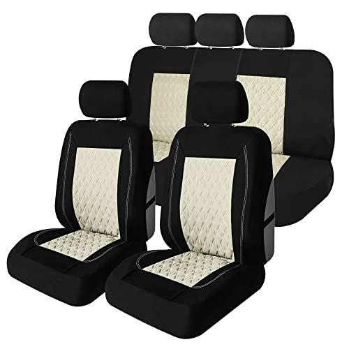 Universal Fit Diamond Stitched Flat Cloth Car Seat Covers Full Set - Beige - color: Beige