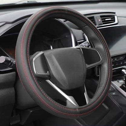 Auto Dynasty Car Steering Wheel Cover, Microfiber Leather Steering Wheel Covers Protector with Anti-Slip Inner Lining, Universal 14.5 to 15 Inch Car Interior Accessories, Red Stitching - color: Stitched Red B