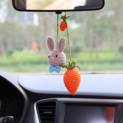 Grey Bunny & Carrot Ornament - Handmade Hanging Car Charm, Automotive & House Decoration, Crochet Keychain Charm - style: Grey Bunny And Carrot Car Charm
