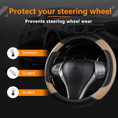 Leather Car Steering Wheel Cover, Non-Slip Car Wheel Cover Protector Breathable Microfiber Leather Universal Fit for Most Cars(Beige) - color: Beige