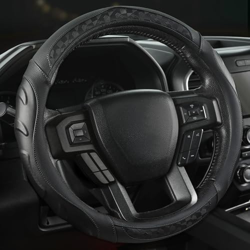 Black Seal Custom-Fit Steering Wheel Cover for Ford F-150, F-250, F-350, Expedition, 15.5–16", Anti-Slip PU Leather (Black) - color: Black