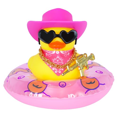 Funny Pink Rubber Duck with Cowboy Hat, Sunglasses, Bib, Gun & Swim Ring - DIY Rubber Duck Car Accessories for Dashboard Decor, Tiny Rubber Ducks Gift for Adults, Home & Office Desk Decoration - color: Style13