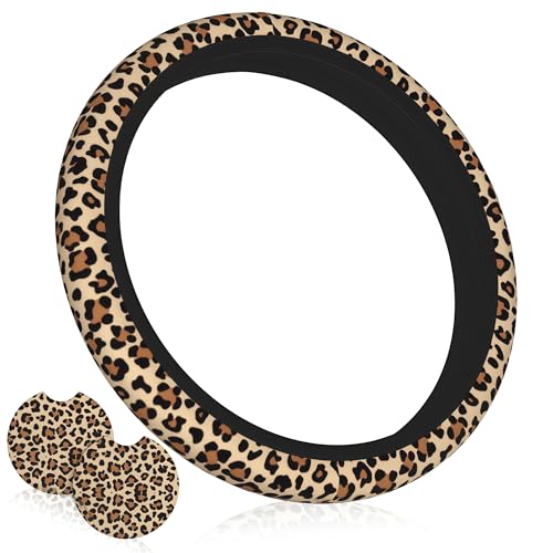 Leopard Cheetah Print Steering Wheel Cover - Universal 14-15 Inch Anti-Slip Breathable with 2pc Animal Print Matching Coasters Set for Men Women - color: Leopard