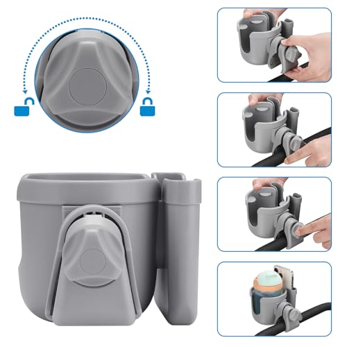 Accmor Stroller Cup Holder with Phone Holder, Bike Cup Holder, Universal Cup Holder for Uppababy Nuna Doona Strollers, 2-in-1 Cup Holder for Walker, Wheelchair, Scooter - color: All Grey