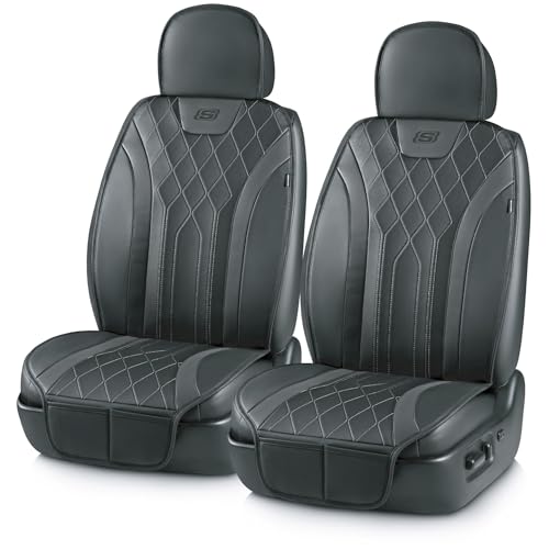 Skechers MAX Cushioning Car Seat Covers,Memory Foam Leather Car Seat Protectors, Airbag Safe Waterproof Sideless Front Seat Covers with Storage Pocket,Universal Fit for Cars Trucks SUV, Black 2PCS - color: Black and Black