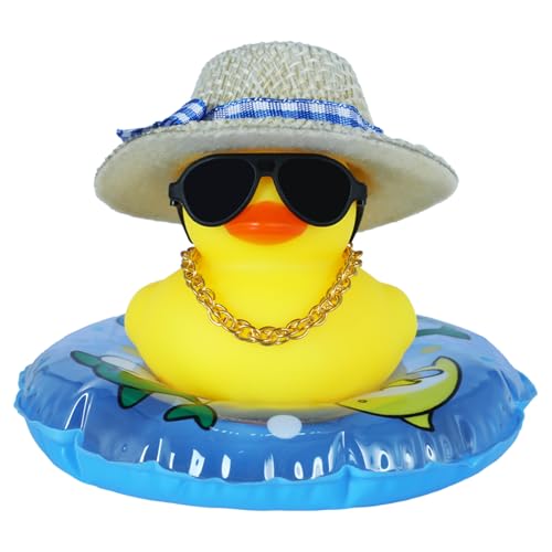 Funny Squeaky Rubber Ducks with Bow Straw Hat, Gold Necklace, Black Sunglasses and Blue Swim Ring - Mini Rubber Duckie Car Dashboard Decor, Fashionable Home Office Desk Decoration - color: Style2