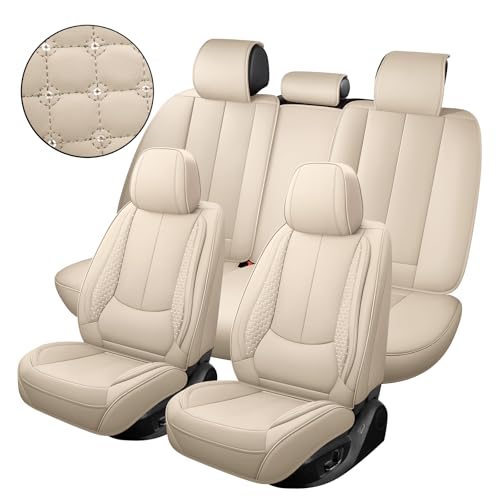 Car Seat Covers Full Set, Luxury Faux Leather Car Seat Covers Waterproof Non-Slip Seat Protector Universal Fit for Most Cars SUVs Trucks Pick-ups,Car Accessories Interior for Women(Beige)