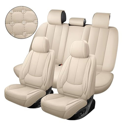 Car Seat Covers Full Set, Luxury Faux Leather Car Seat Covers Waterproof Non-Slip Seat Protector Universal Fit for Most Cars SUVs Trucks Pick-ups,Car Accessories Interior for Women(Beige)
