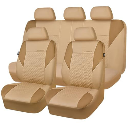 CAR PASS Ultrasonic Embossing Cloth Universal Seat Covers,Cute Breathable Car Seat Cover with 5mm Composite Sponge Inside,Airbag Compatible,2zipper Bench for Sedan,SUV,Truck(Beige,Full Set) - color: Beige