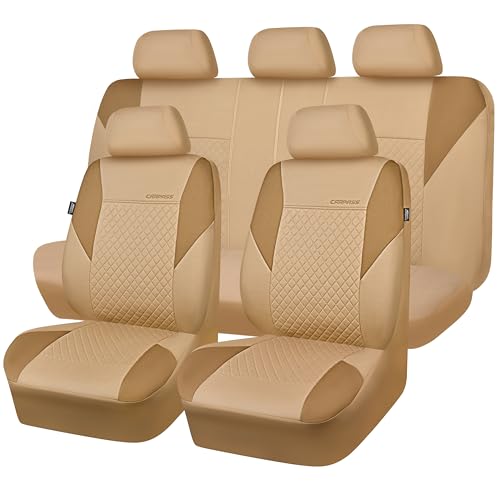 CAR PASS Ultrasonic Embossing Cloth Universal Seat Covers,Cute Breathable Car Seat Cover with 5mm Composite Sponge Inside,Airbag Compatible,2zipper Bench for Sedan,SUV,Truck(Beige,Full Set) - color: Beige