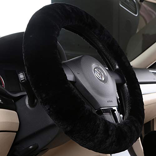 Fluffy Wool Sheepskin Fuzzy Black Car Steering Wheel Cover for Universal Auto Steering Wheel 14 1/2-15 1/2inch, Anti-Slip, Soft Plush, Comforting and Luxurious, Soft Texture (Black) - color: Black