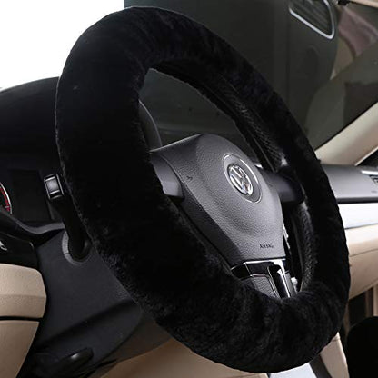 Fluffy Wool Sheepskin Fuzzy Black Car Steering Wheel Cover for Universal Auto Steering Wheel 14 1/2-15 1/2inch, Anti-Slip, Soft Plush, Comforting and Luxurious, Soft Texture (Black) - color: Black