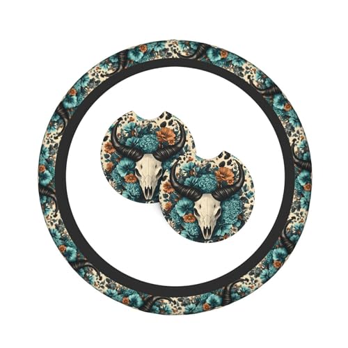 Turquoise Floral Bull Skull 3 Pcs Steering Wheel Cover Decoration Set with 2 Coasters, Universal Non-Slip and Comfortable car Interior Set– Fits 14.5-15 Inch Steering Wheels Cover for Cars, SUVs - color: 5