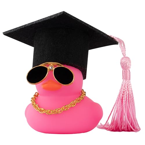 wonuu Car Dashboard Decor Graduation Hat Color Rubber Duck, Car Ducks Ornaments with Mini Graduation Hat Necklace Sunglasses (Pink) - color: Pink, style: Soild