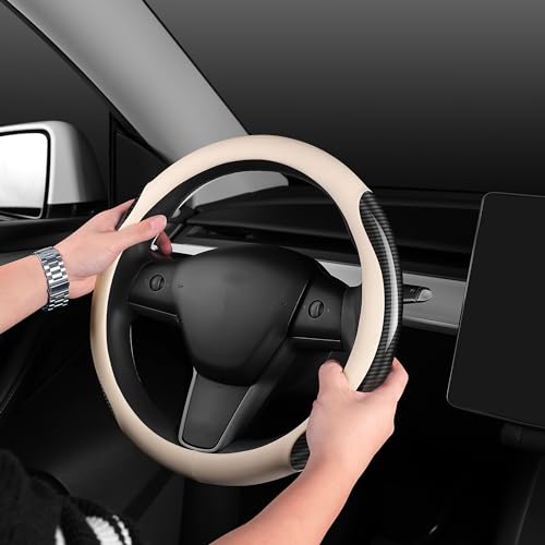 Nappa Leather car Steering Wheel Cover,Carbon Fiber Sports car Interior Non-Slip Ultrathin 15 inches Universal (White) - color: WHITE