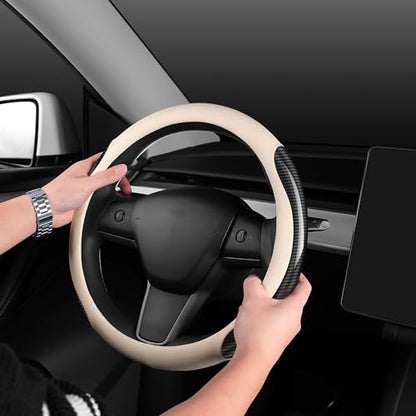 Nappa Leather car Steering Wheel Cover,Carbon Fiber Sports car Interior Non-Slip Ultrathin 15 inches Universal (White) - color: WHITE