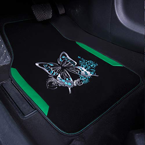 CAR PASS Embroidery Butterfly Car Floor Mats, Green Carpet Floor mats with Heel Pad, Universal Fit for Suvs,Sedans,Trucks,Cars, Set of 4 (Black and Green) - color: Green Butterfly