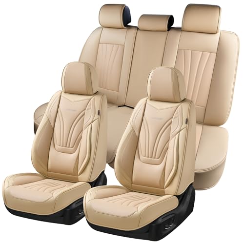 Coverado Car Seat Covers Full Set, 5 Piece Car Seat Protector with Lumbar Support & Removable Headrest, Breathable Leather Front Rear Seat Cushion Universal Fit for Truck Automotive Beige - color: Lumbar-Beige, size: Full Set