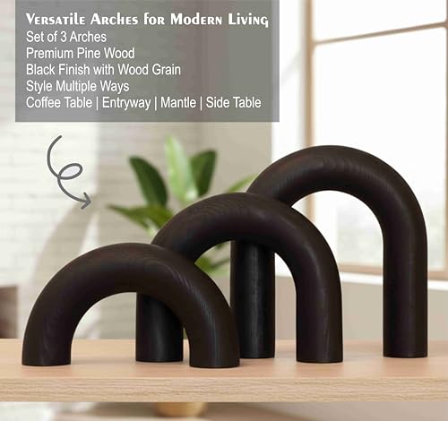 3Pcs Wooden Arches Decorative Object for Coffee Table Boho Shelf Decor Arch Design for japandi Home Aesthetic Shelf Neutral Home Accents (Black Stain)
