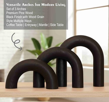 3Pcs Wooden Arches Decorative Object for Coffee Table Boho Shelf Decor Arch Design for japandi Home Aesthetic Shelf Neutral Home Accents (Black Stain)
