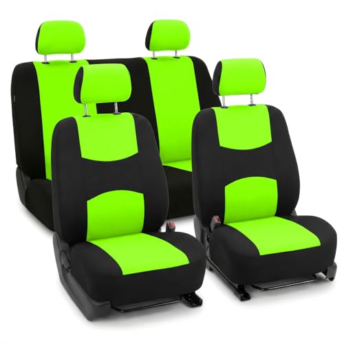 FH Group Bright Flat Cloth Full Set Automotive Seat Covers Front Set and Rear Solid Bench Green Black Seat Covers w. Gift Universal Fit Interior Accessories for Cars Trucks and SUVs - color: Green