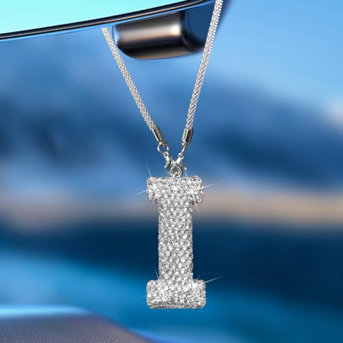 Bling Car Accessories for Women Letter Charm, Rear View Mirror Ornament Cute Hanging Crystal Pendant Girl Car Decorations, Lucky Diamond Rhinestone Girly Charm Interior (White I) - color: White I