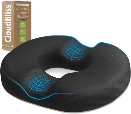 CloudBliss Donut Pillow Stadium Seat Cushion for Tailbone Pain Relief and Hemorrhoids, Memory Foam Seat Chair Cushion, Portable Seat Cushions for Bleachers, Car, Home & Office - color: Black