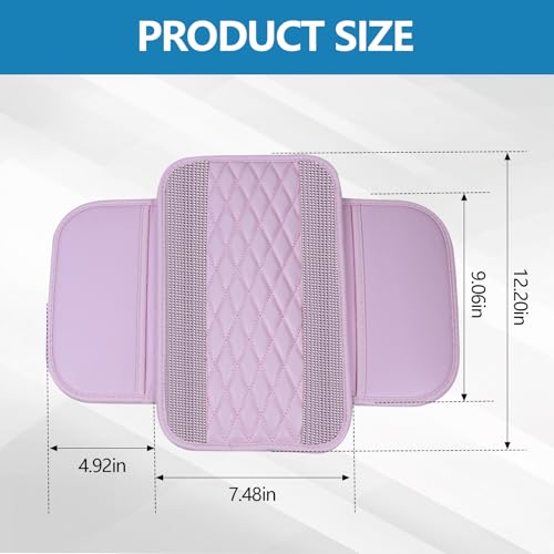 Bling Leather Car Center Console Cover, 12.2"×7.48" Crystal Rhinestone Automotive Arm Rest Cover with Side Pockets, Universal Vehicle Armrest Protector, Interior Car Accessories (Pink Leather) - color: Pink Leather