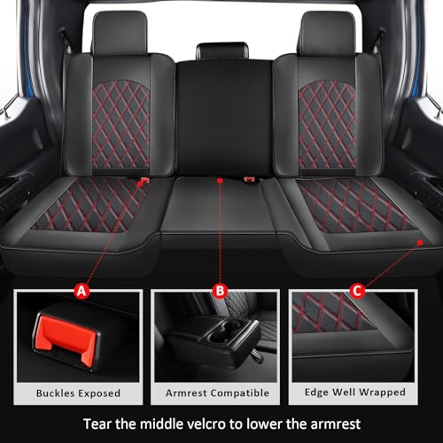 Ram Seat Covers Full Set, Waterproof Truck Seat Cover Leather Car Seat Protector Compatible with 2009-2026 RAM 1500/2500/3500 Crew Quad Cab Pickup with Split Curved Bench 40/60,Black and Red - color: Black and Red, size: FullSet（Curved Back）