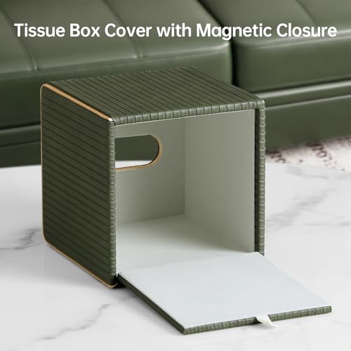 PU Leather Tissue Box Cover Square Tissue Box Holder with Magnetic Closure (Green Fluted) - color: Green Fluted