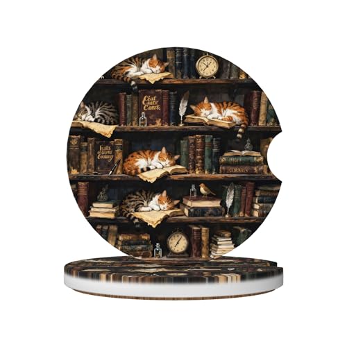 Cat Library Bookshelf Car Cup Holder Coasters 2 Pack Universal 2.63 Inch Anti Slip Ceramic Absorbent Coaster with Cork Base and Finger Notch Cute Car Accessories Interior for Women - color: Beige