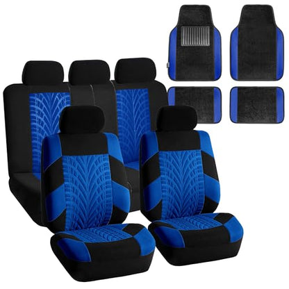 FH Group Travel Master Car Seat Covers Full Set with Carpet Floor Mats – Universal Fit for Cars Trucks and SUVs (Blue/Black)