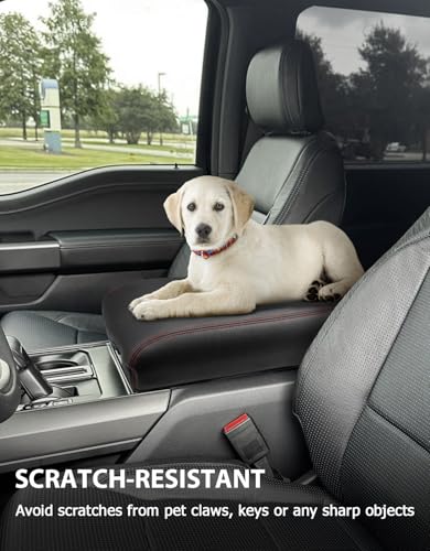 Center Console Cover for 2021-2026 Ford F150 Accessories, Vinyl Leather Middle Armrest Cusion Protector, Anti-Scratch, Black Red Stitches, Bucket Seat Only(not for Work Station) - size: Bucket Seat, 2021-2026 F150, red stitch