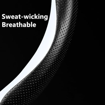 Carodi Leather Car Steering Wheel Cover, Elegant, Fashionable, Comfortable, Non-Slip, Breathable, Universal 15 inch, Black and White - color: black and white