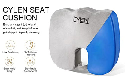 CYLEN Home Office Seat Cushion - Comfort Memory Foam Chair Cushion with Cooling Gel Infused for Tailbone, Coccyx, Back & Sciatica Pain Relief (Grey) - color: Grey