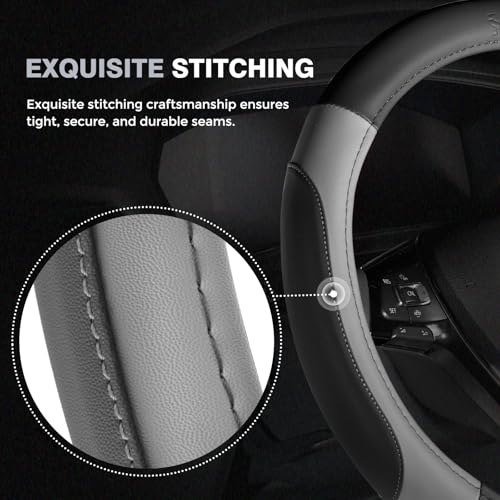 Car Steering Wheel Cover, Microfiber Leather Steering Wheel Covers with Anti-Slip Lining, Breathable Elastic Car Steering Wheel Protector, Universal Standard Size 14-15 inch - color: GrayBlack
