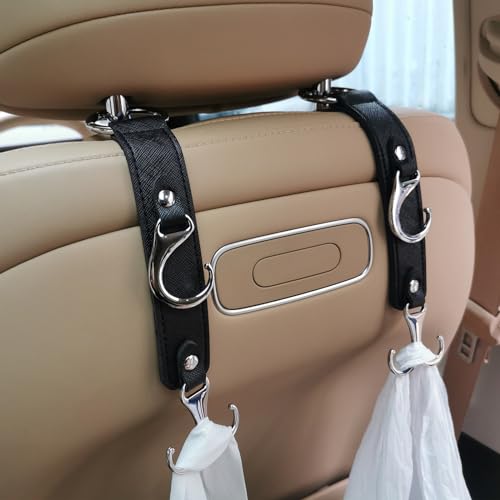 Headrest Hooks for Car Back Seat Organizer Black Faux Leather Hanger Holder Hook, for Hanging Purses and Bags and Coats Grocery Bag Umbrellas Handbag Car Accessories Interior Men for Women
