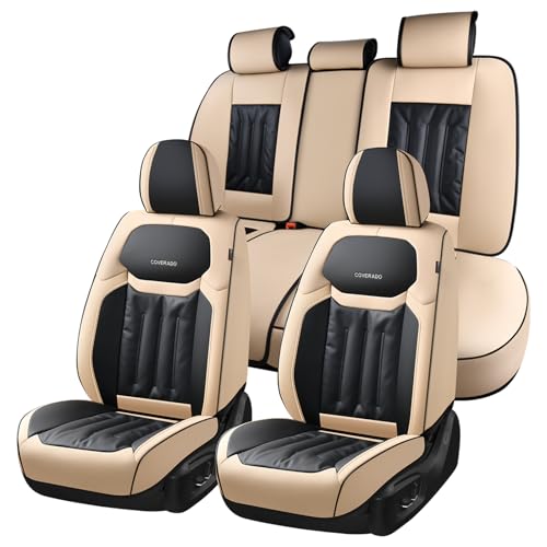 Coverado Car Seat Covers, Seat Covers for Cars 5 Seats, Full Set Car Seat Protector, Waterproof Nappa Leather Car Seat Cushion, Auto Seat Covers Universal Fit for Most Vehicles, Beige&Black - color: Beige&Black, size: Full Set