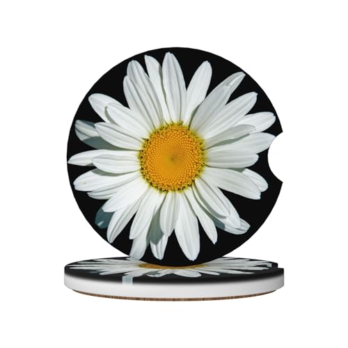 Daisy Flower Car Cup Holder Coasters 2 Pack Universal 2.63 Inch Anti Slip Ceramic Absorbent Coaster with Cork Base and Finger Notch Cute Car Accessories Interior for Women - color: Clear