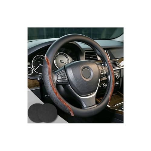 Steering Wheel Cover Black Wood Grain, Leather Car Steering Wheel Covers with Coasters Universal 14.5-15 inch Microfiber Breathable Anti-Slip Steering Wheel Accessories Set - color: WoodGrain, size: Medium